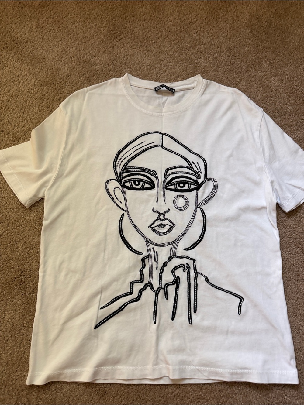 Zara White Tee with Black Line-Art Face